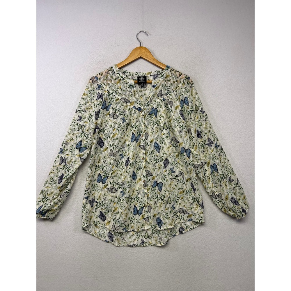 Boho Cottagecore Bobeau Womens Medium White Butterfly Print Button Blouse Top